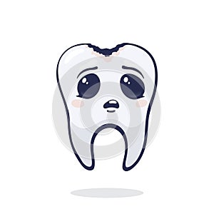 Vector illustration. Cute unhealthy human tooth with sad eyes and caries. Dental decay. Symbol of somatology and oral hygiene.