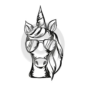 Vector illustration of cute unicorn face wearing sunglasses.