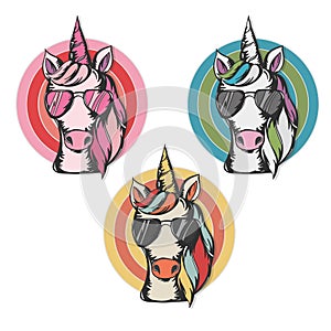 Vector illustration of cute unicorn face wearing sunglasses.