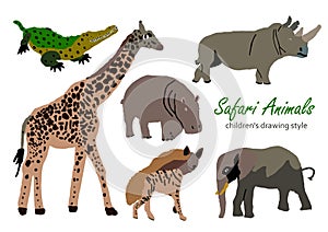 Vector illustration of cute wild safari African animals. Including giraffe, elephant, hyena, crocodile, hippo