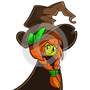 Vector illustration of a cute witch in big hat. Cartoon Halloween character