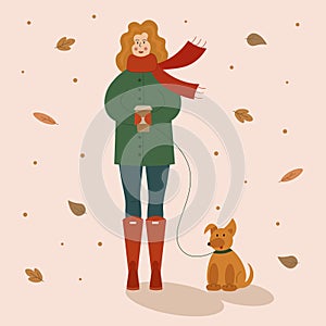 Vector illustration of a cute women with a hot drink in her hands, walking in the autumn park with her dog among the falling leave