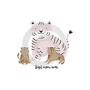 Vector illustration of cute young tigers and their mom. Adorable print with animals for kids in a modern flat style