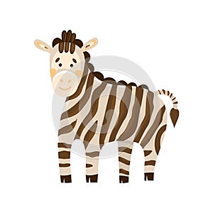 Vector illustration of a cute zebra in cartoon hand drawn flat style. Kind striped herbivore from safari, jungle. Funny