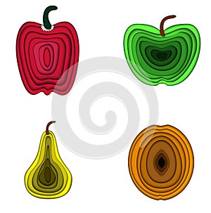 Vector illustration 3d set of fruits. Pear, apple, paprika and apricot made in paper three-dementional style. Colorful photo