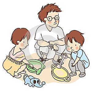 Vector illustration of dad and little kids playing with sand