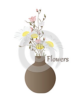 Vector illustration of a daisy and a decorative branch in a vase