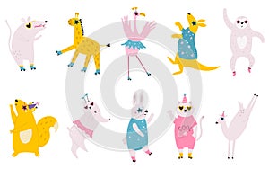 Vector illustration of dancing animals in disco glasses, birthday hats and cool costumes