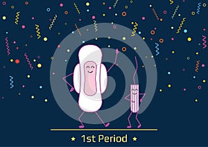 Vector illustration of dancing menstrual pad and tampon. First woman menstruation period party time. Menstruation period and femin