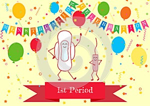 Vector illustration of dancing menstrual pad and tampon. Menstruation period and feminine hygiene products. First girl menstruatio