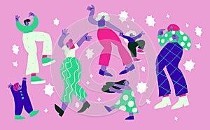 Vector illustration with dancing people with stars on violet background. Dancing people doodles. Happy family, party