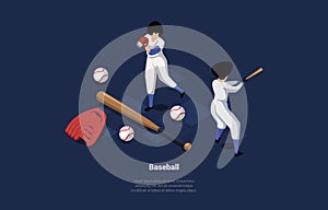 Vector Illustration On Dark Background With Writing. Isometric Composition In Cartoon 3D Style. Two Baseball Players In