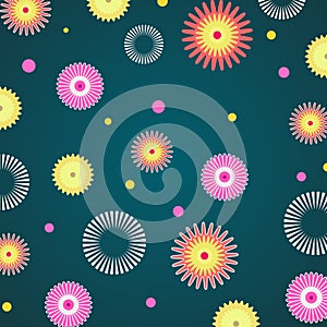 Vector illustration of a dark-colored background with a variety of colorful abstract flowers and dots
