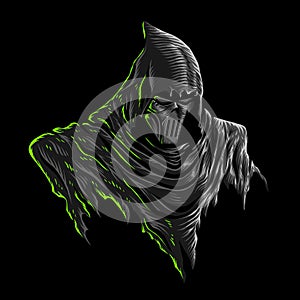 Vector illustration of Dark Grim Reaper with Mask, Dark Hood on the Black background. For mascot logo design in modern