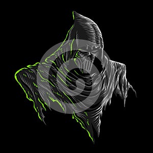 Vector illustration of Dark Grim Reaper with Mask, Dark Hood on the Black background. For mascot logo design in modern photo