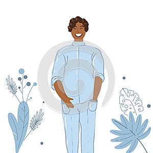 Vector illustration of a dark skin doctor. A male doctor happy. A Afro American or arab guy doctor in a medical robe