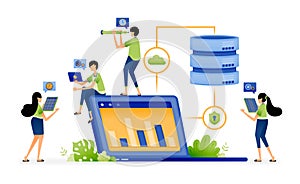 Vector illustration of data processing for display on a laptop using a secure network and accessible database. Can be used for