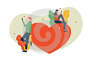 Vector illustration, dating online concept, man and woman sending love