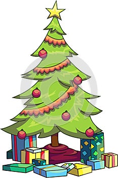 Vector illustration of a decorated Christmas tree with various presents underneath.