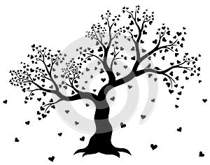 Vector illustration of decorative, abstract tree with hearts and couple of birds in black color on white background.