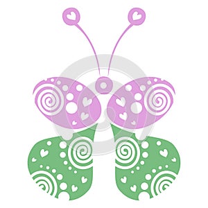 Vector illustration of decorative ornamental green and pink butterfly isolated on the white background.