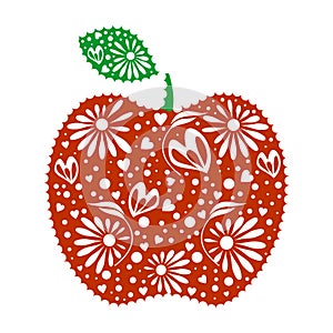 Vector illustration of decorative ornamental red apple with leaf, isolated on the white background.