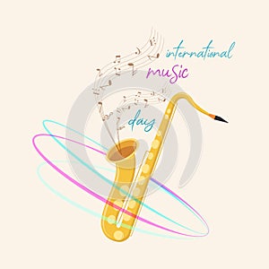 Vector illustration dedicated to the international day of music. Playing saxophone, notes and decorative elements on a