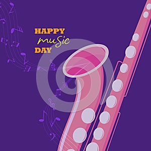 Vector illustration dedicated to the international day of music. Playing saxophone on a purple background. Poster