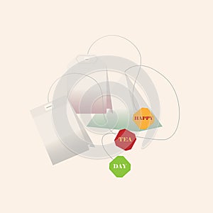 Vector illustration dedicated to international tea day. Tea bags of different shapes and fillings with the words Happy