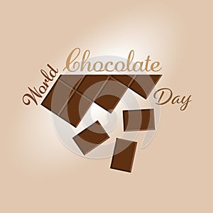 Vector illustration dedicated to the world chocolate day on a light beige background with gradient. Chocolate bar with