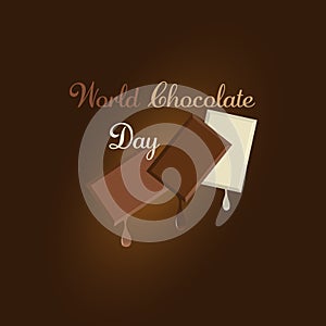 Vector illustration dedicated to the world chocolate day. Small pieces of chocolate with melting chocolate drops. Dark