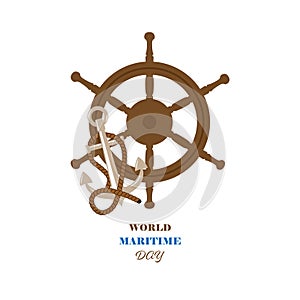 Vector illustration dedicated to the World Sea Day. Steering wheel, anchor and rope. Banner, poster, sign, symbol. For