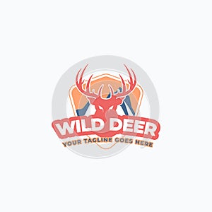 Vector illustration of deer head and mountain inside badge good for deer hunting club badge, sticker, emblem, and logo design