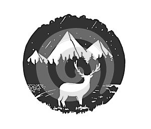 Vector illustration with deer silhouette and hand-drawn lettering. Adventure is out there