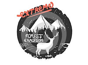 Vector illustration with deer silhouette and hand-drawn lettering. Adventure is out there