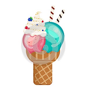 Icecream strawberry blueberry scoops waffle cone. Vector illustration