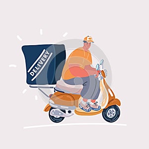 Vector illustration of Delivery man drive on scooter.
