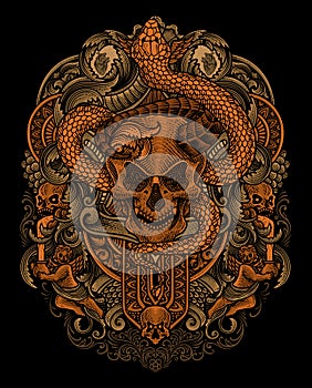 Vector illustration. demon skull with snake vintage engraving ornament