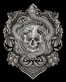 Vector illustration. demon skull with snake vintage engraving ornament