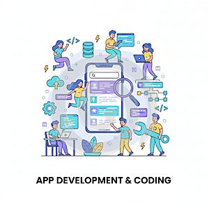 App Development and Coding Vector Illustration - Mobile UI, Teamwork, and Software Engineering