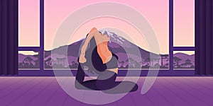 Vector illustration depicting an evening meditation in nature. A beautiful girl doing yoga.