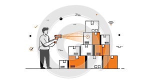 Logistics Worker Scanning Inventory Boxes with Barcode Reader Vector Illustration