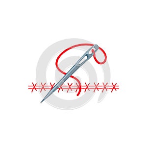 Sewing Needle with Red Thread Stitching on White Background Vector Illustration