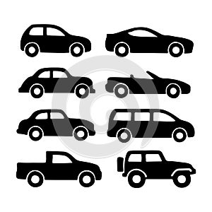 Car Silhouettes Set Compact, Sports, Sedan, Convertible, Minivan, Pickup, and Off-Road Vehicles Vector Illustration