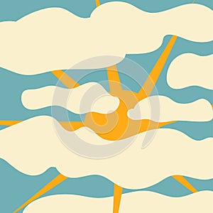 Vector illustration depicting the sky, clouds and sun in retro colors.