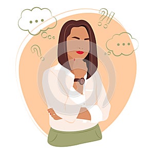 Vector illustration depicting a thinking girl. flat stock illustration. girl thinks. girl`s thoughts. Image for social networks