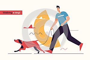 Vector illustration depicting a young smiling man running a dog on a leash. Editable stroke