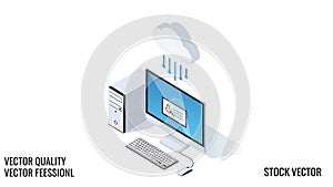 A computer with a cloud raining data onto its screen in a vector illustration