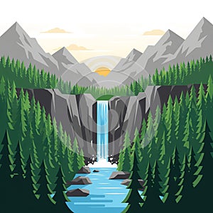 Vector Illustration of Waterfall Landscape