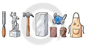 Carving Tools and Sculpture on White Background